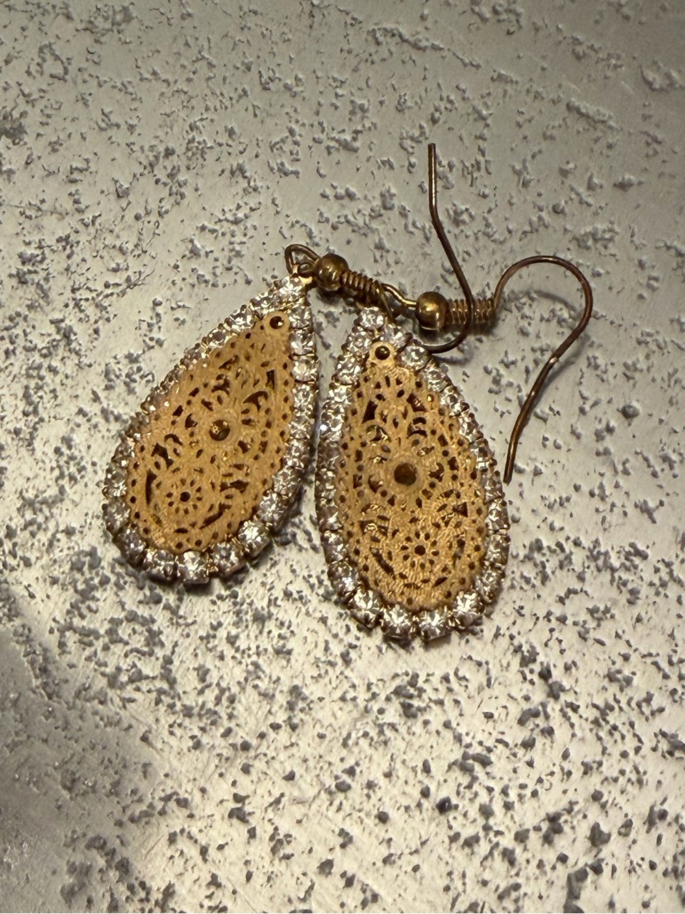 Gold Lace Teardrop Earrings with Crystal Trim - Women Jewelry